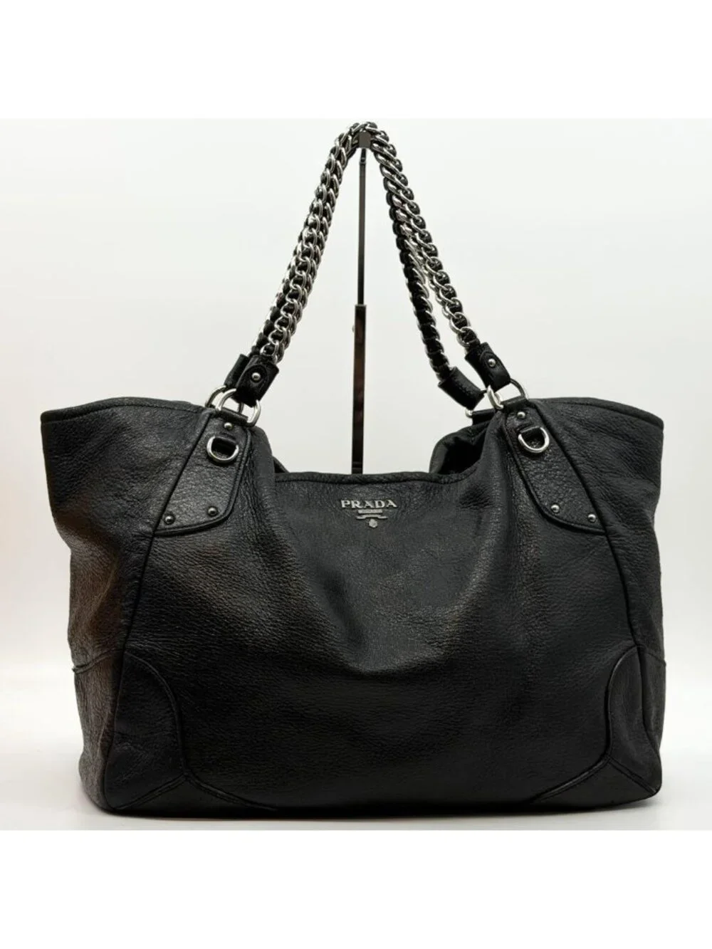 Prada Vitello Daino Leather Chain Hobo Handbag Triangle